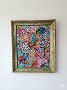 18x24 original mixed media painting on canvas features a collage of patterned pa